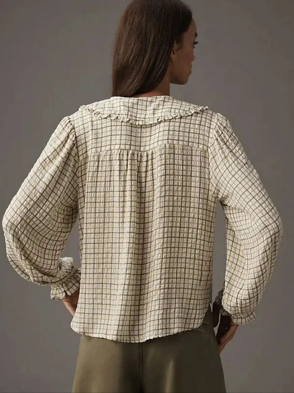 Anthropologie Pilcro Keira Peter Pan Collar Blouse Green Plaid Lone Sleeve Sz S